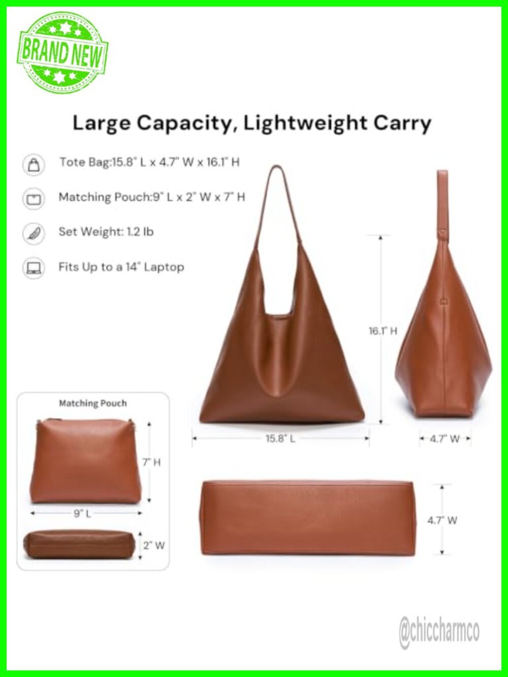 2-Piece Hobo Bag Set, Large Soft Vegan Leather Slouchy Tote with Pouch - Picture 3 of 6